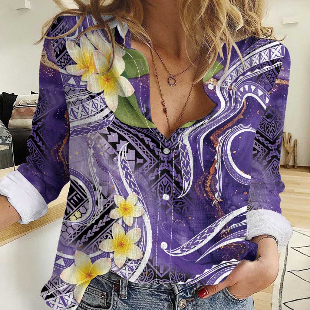 Polynesian Tribal Tattoo Women Casual Shirt Plumeria Purple Marble Pattern LT9 Female Purple - Polynesian Pride