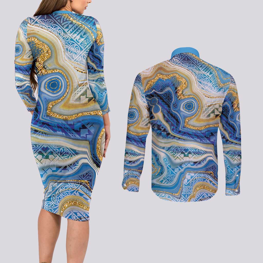 Polynesian Tribal Tattoo Couples Matching Long Sleeve Bodycon Dress and Long Sleeve Button Shirt Swirling Ocean Marble Pattern