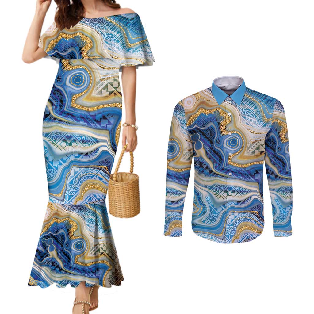 Polynesian Tribal Tattoo Couples Matching Mermaid Dress and Long Sleeve Button Shirt Swirling Ocean Marble Pattern LT9 Ocean - Polynesian Pride