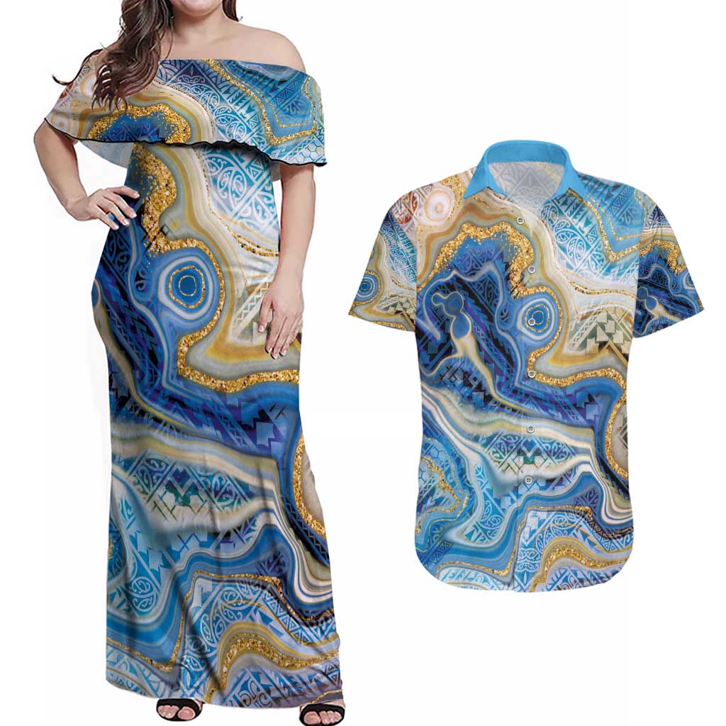 Polynesian Tribal Tattoo Couples Matching Off Shoulder Maxi Dress and Hawaiian Shirt Swirling Ocean Marble Pattern LT9 Ocean - Polynesian Pride