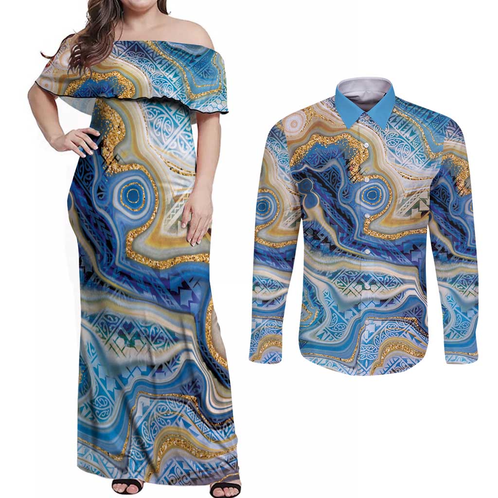 Polynesian Tribal Tattoo Couples Matching Off Shoulder Maxi Dress and Long Sleeve Button Shirt Swirling Ocean Marble Pattern LT9 Ocean - Polynesian Pride