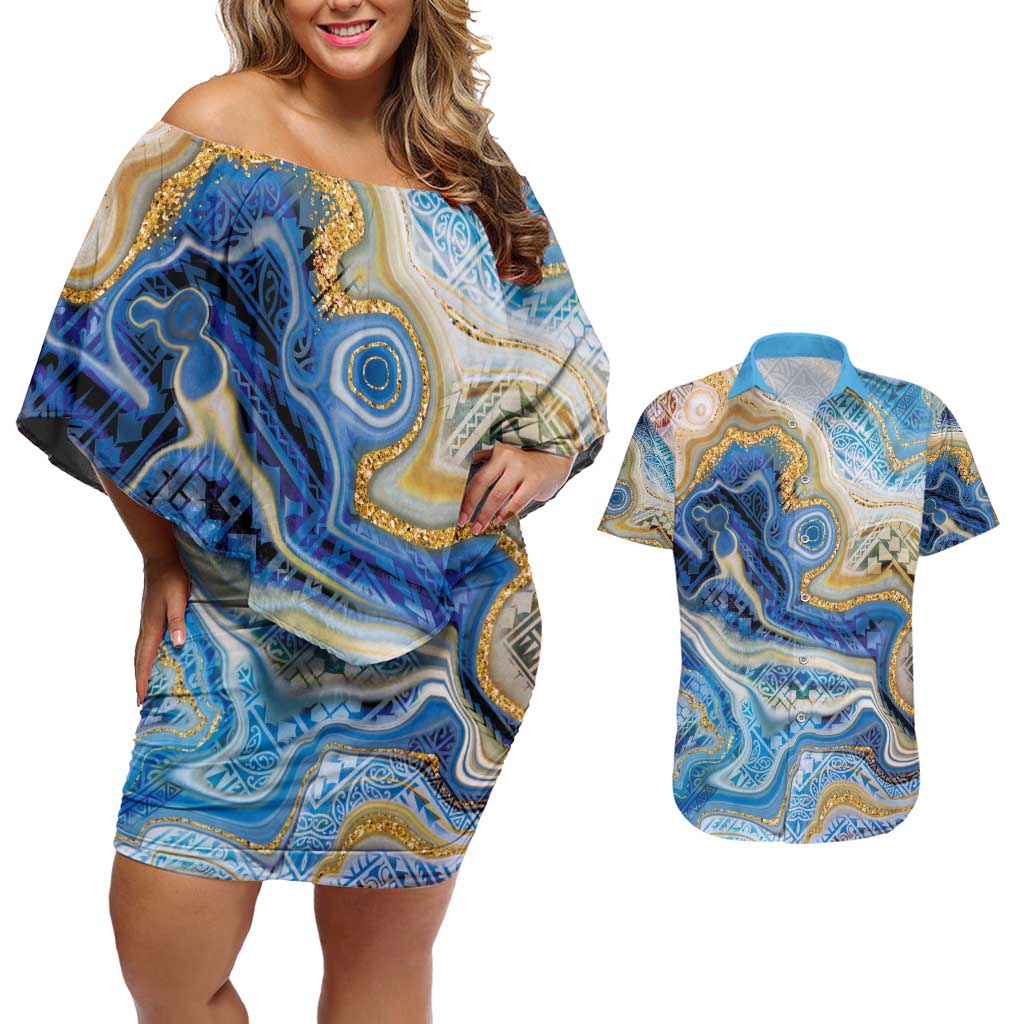 Polynesian Tribal Tattoo Couples Matching Off Shoulder Short Dress and Hawaiian Shirt Swirling Ocean Marble Pattern LT9 Ocean - Polynesian Pride