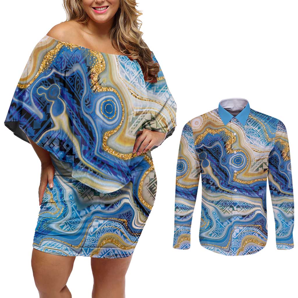 Polynesian Tribal Tattoo Couples Matching Off Shoulder Short Dress and Long Sleeve Button Shirt Swirling Ocean Marble Pattern LT9 Ocean - Polynesian Pride