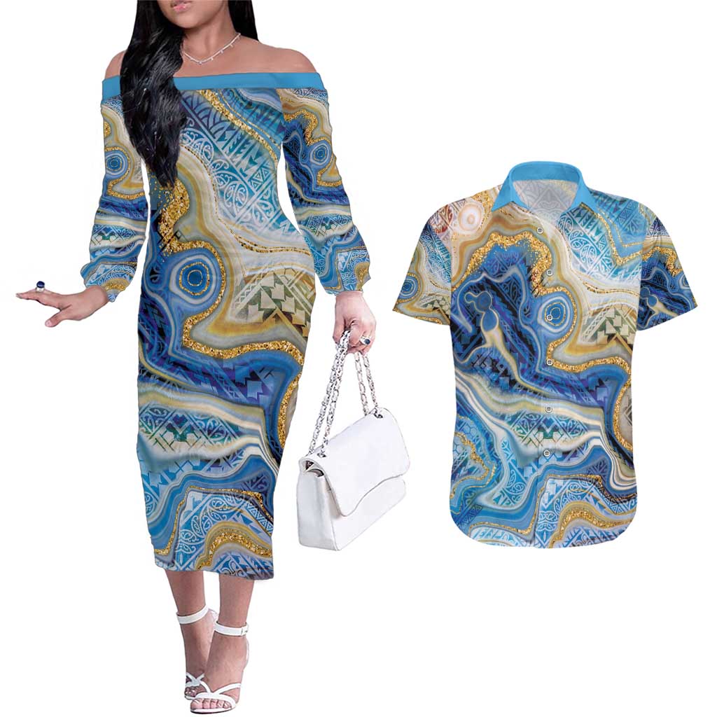 Polynesian Tribal Tattoo Couples Matching Off The Shoulder Long Sleeve Dress and Hawaiian Shirt Swirling Ocean Marble Pattern LT9 Ocean - Polynesian Pride