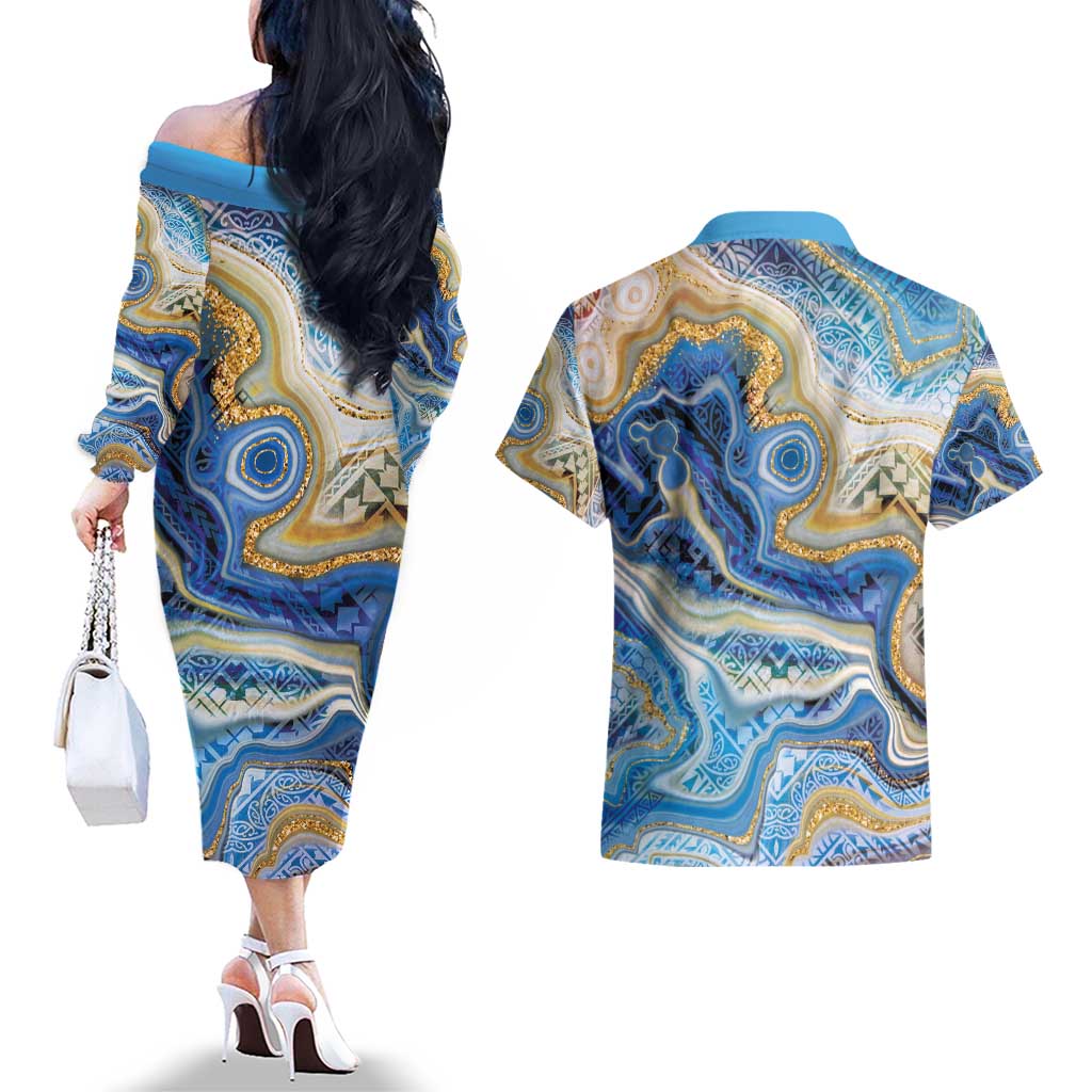 Polynesian Tribal Tattoo Couples Matching Off The Shoulder Long Sleeve Dress and Hawaiian Shirt Swirling Ocean Marble Pattern LT9 - Polynesian Pride