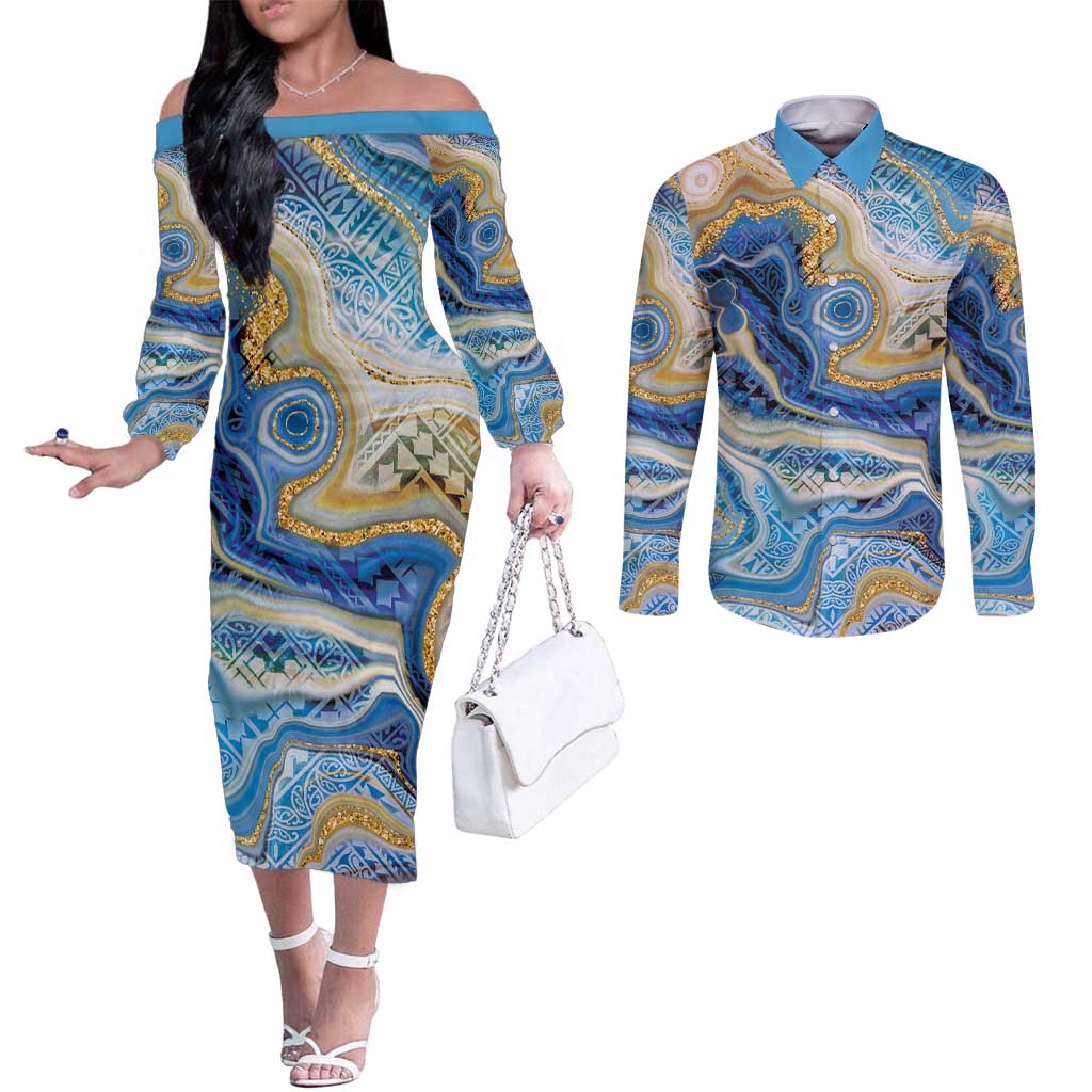 Polynesian Tribal Tattoo Couples Matching Off The Shoulder Long Sleeve Dress and Long Sleeve Button Shirt Swirling Ocean Marble Pattern LT9 Ocean - Polynesian Pride