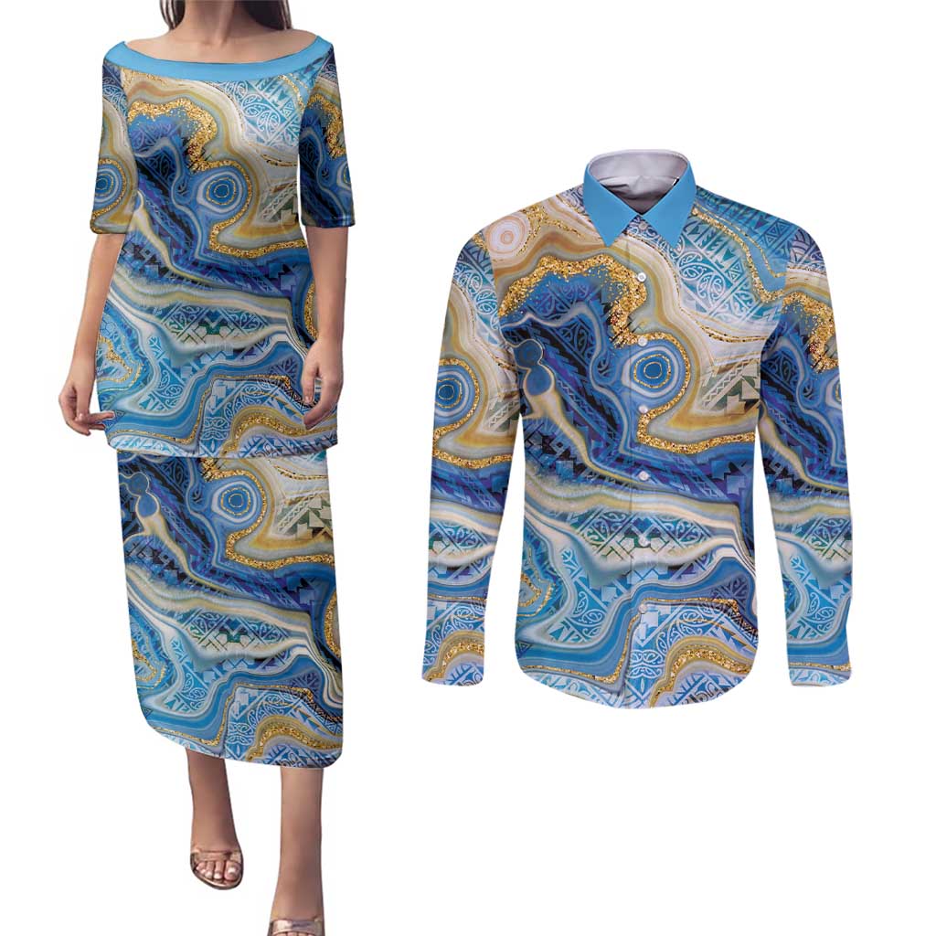 Polynesian Tribal Tattoo Couples Matching Puletasi and Long Sleeve Button Shirt Swirling Ocean Marble Pattern LT9 Ocean - Polynesian Pride