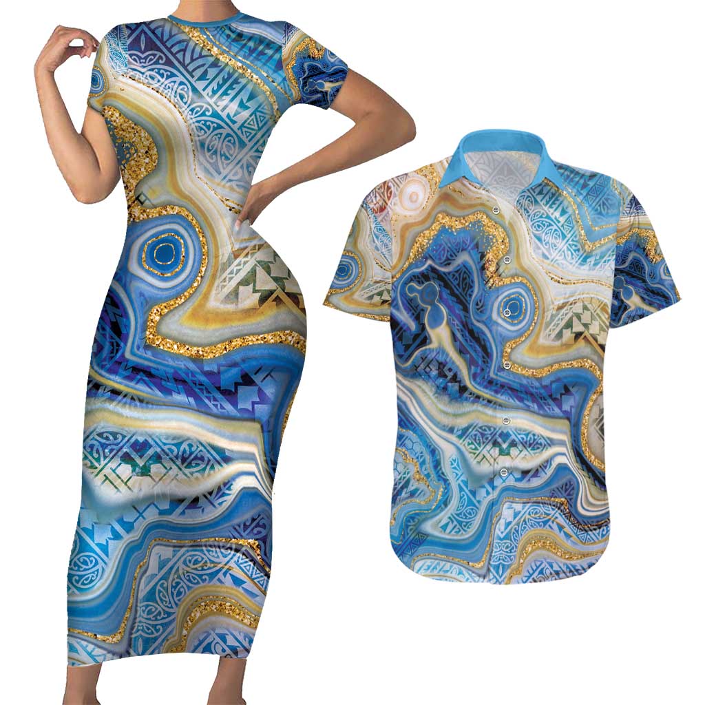 Polynesian Tribal Tattoo Couples Matching Short Sleeve Bodycon Dress and Hawaiian Shirt Swirling Ocean Marble Pattern LT9 Ocean - Polynesian Pride