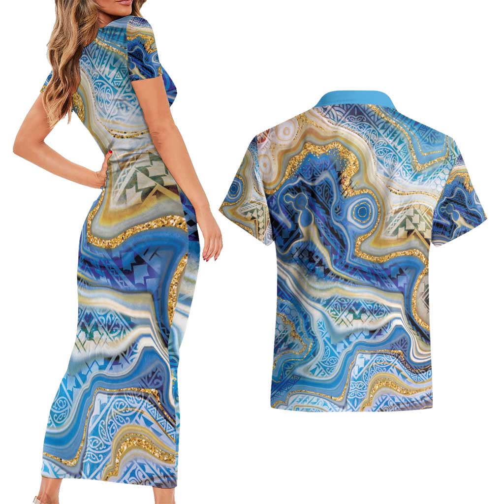 Polynesian Tribal Tattoo Couples Matching Short Sleeve Bodycon Dress and Hawaiian Shirt Swirling Ocean Marble Pattern LT9 - Polynesian Pride
