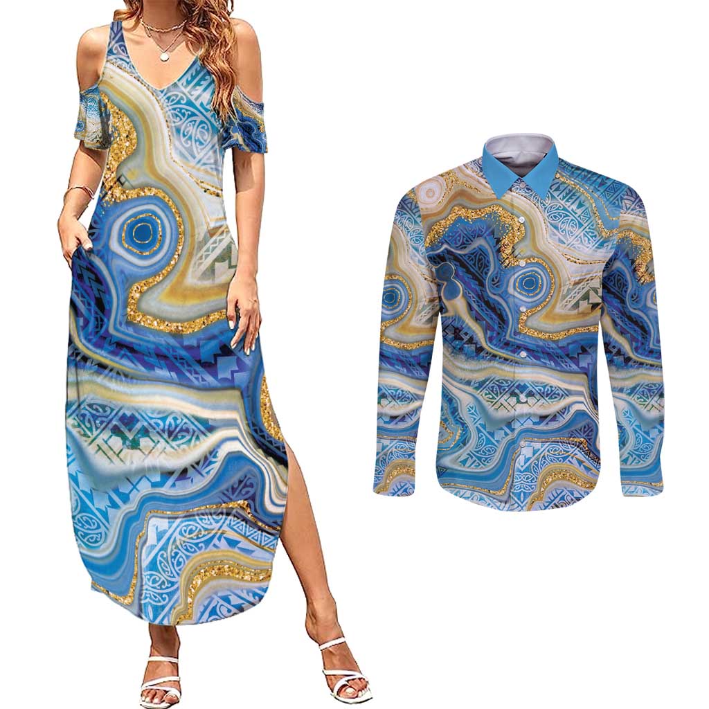 Polynesian Tribal Tattoo Couples Matching Summer Maxi Dress and Long Sleeve Button Shirt Swirling Ocean Marble Pattern LT9 Ocean - Polynesian Pride