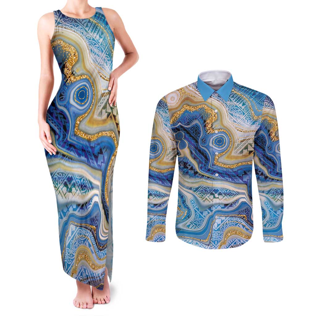 Polynesian Tribal Tattoo Couples Matching Tank Maxi Dress and Long Sleeve Button Shirt Swirling Ocean Marble Pattern LT9 Ocean - Polynesian Pride