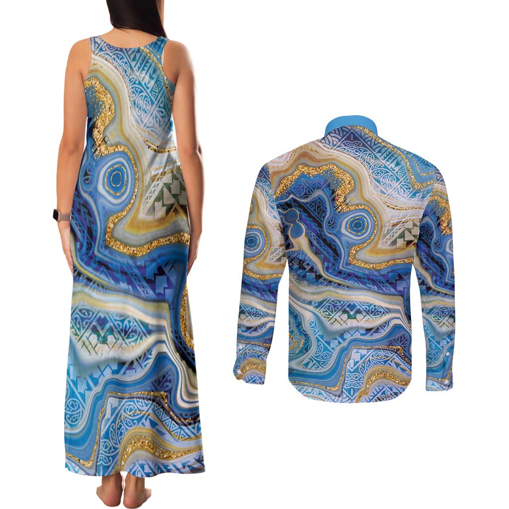 Polynesian Tribal Tattoo Couples Matching Tank Maxi Dress and Long Sleeve Button Shirt Swirling Ocean Marble Pattern