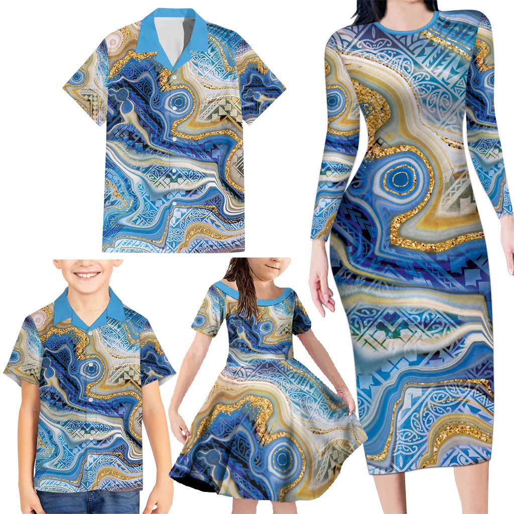 Polynesian Tribal Tattoo Family Matching Long Sleeve Bodycon Dress and Hawaiian Shirt Swirling Ocean Marble Pattern LT9 - Polynesian Pride