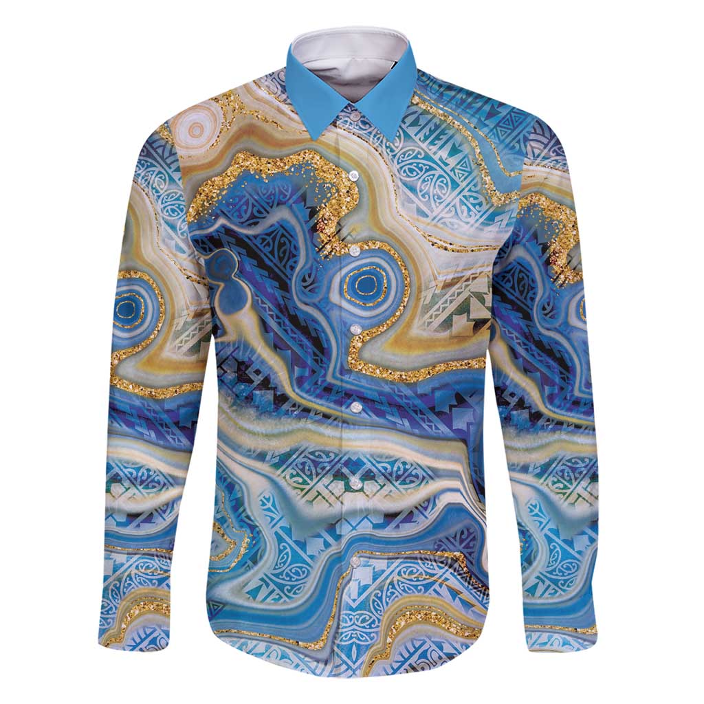 Polynesian Tribal Tattoo Family Matching Long Sleeve Bodycon Dress and Hawaiian Shirt Swirling Ocean Marble Pattern LT9 Dad's Shirt - Long Sleeve Ocean - Polynesian Pride