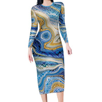 Polynesian Tribal Tattoo Family Matching Long Sleeve Bodycon Dress and Hawaiian Shirt Swirling Ocean Marble Pattern LT9 Mom's Dress Ocean - Polynesian Pride