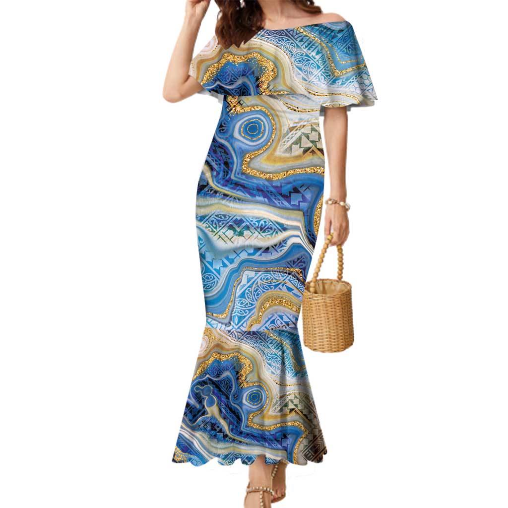 Polynesian Tribal Tattoo Family Matching Mermaid Dress and Hawaiian Shirt Swirling Ocean Marble Pattern LT9 Mom's Dress Ocean - Polynesian Pride