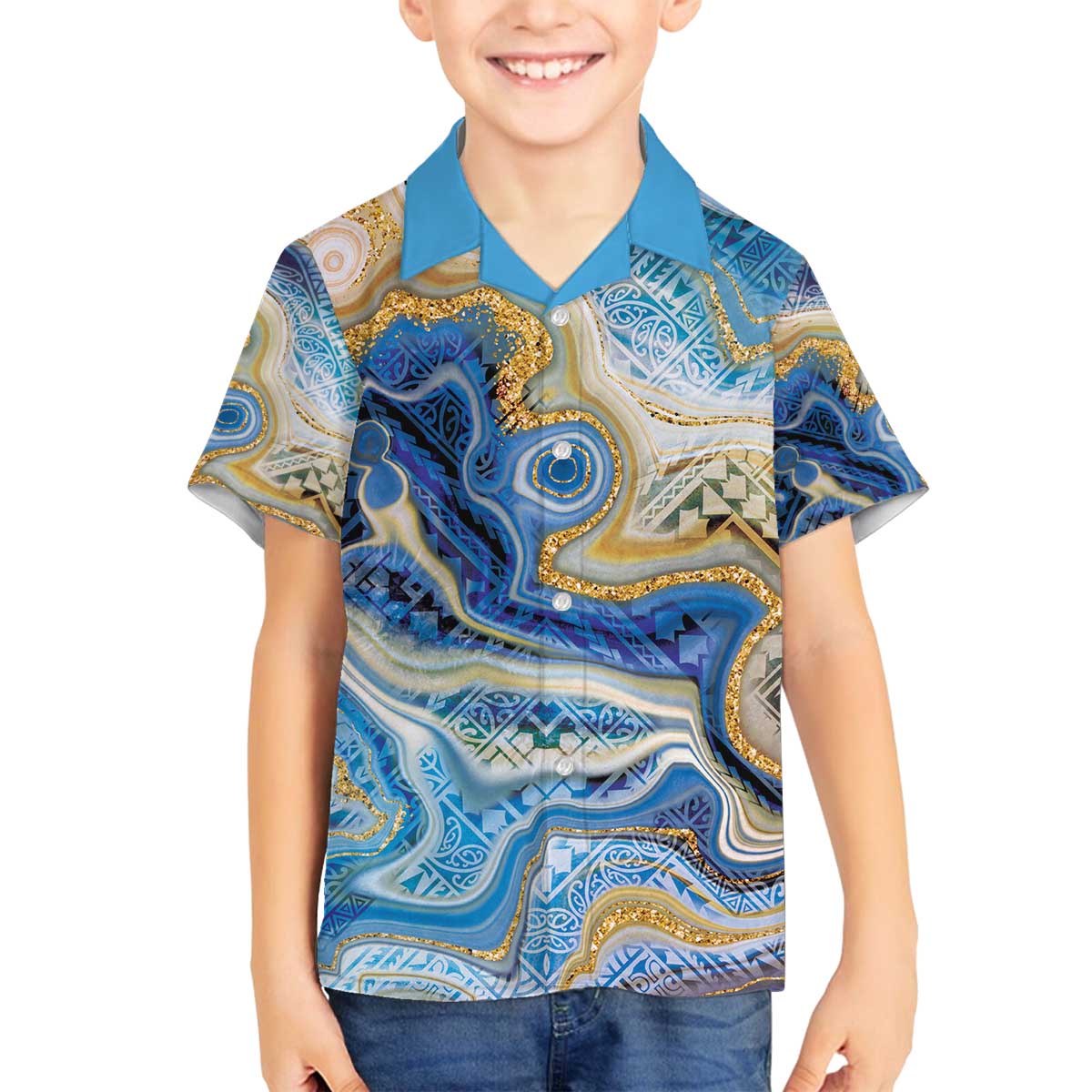 Polynesian Tribal Tattoo Family Matching Off The Shoulder Long Sleeve Dress and Hawaiian Shirt Swirling Ocean Marble Pattern LT9 - Polynesian Pride