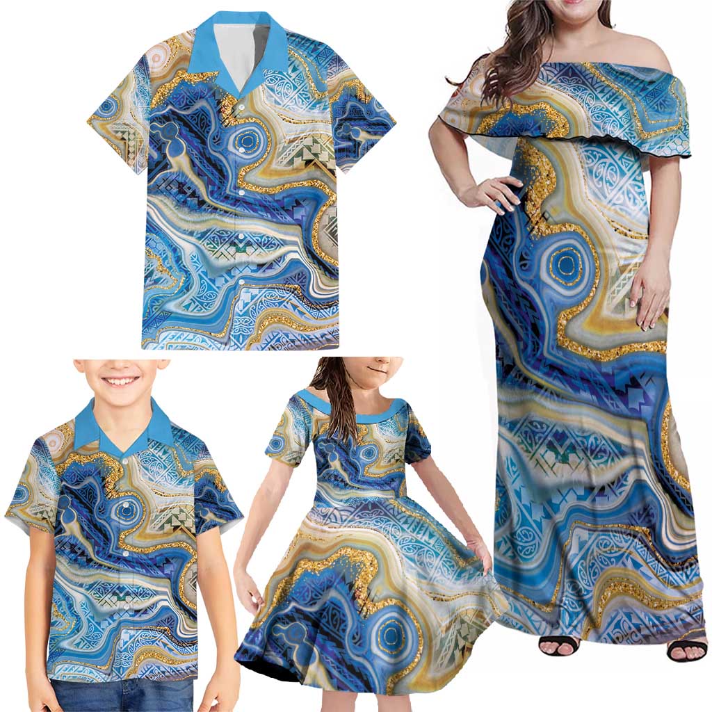 Polynesian Tribal Tattoo Family Matching Off Shoulder Maxi Dress and Hawaiian Shirt Swirling Ocean Marble Pattern LT9 - Polynesian Pride
