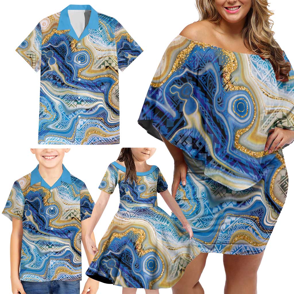 Polynesian Tribal Tattoo Family Matching Off Shoulder Short Dress and Hawaiian Shirt Swirling Ocean Marble Pattern LT9 - Polynesian Pride