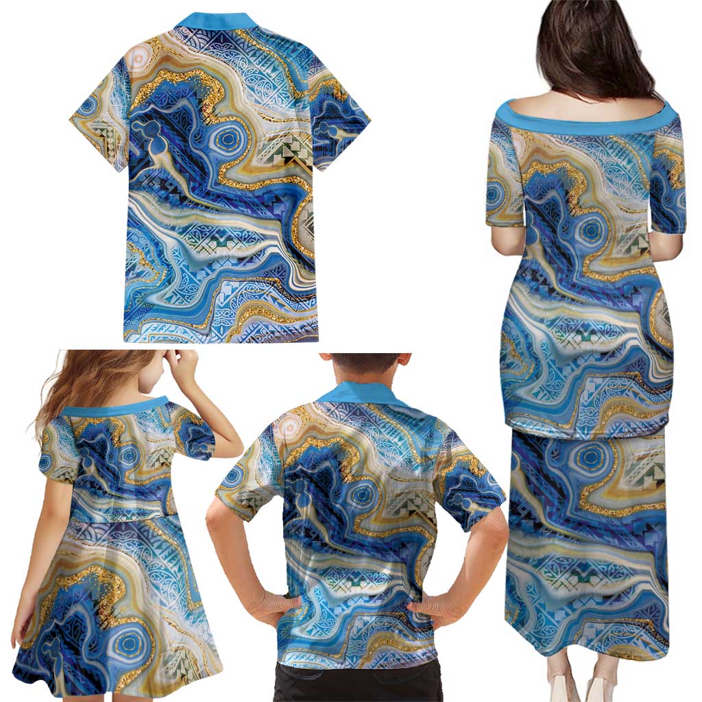 Polynesian Tribal Tattoo Family Matching Puletasi and Hawaiian Shirt Swirling Ocean Marble Pattern LT9 - Polynesian Pride
