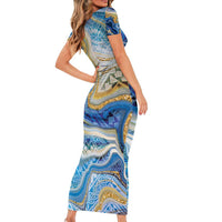 Polynesian Tribal Tattoo Family Matching Short Sleeve Bodycon Dress and Hawaiian Shirt Swirling Ocean Marble Pattern LT9 - Polynesian Pride