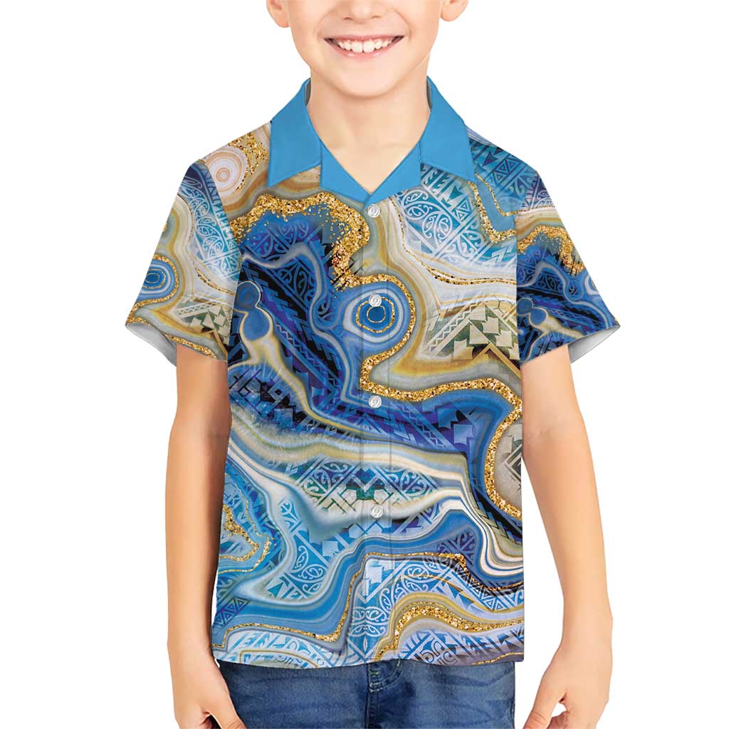 Polynesian Tribal Tattoo Kid Hawaiian Shirt Swirling Ocean Marble Pattern LT9 Kid Ocean - Polynesian Pride