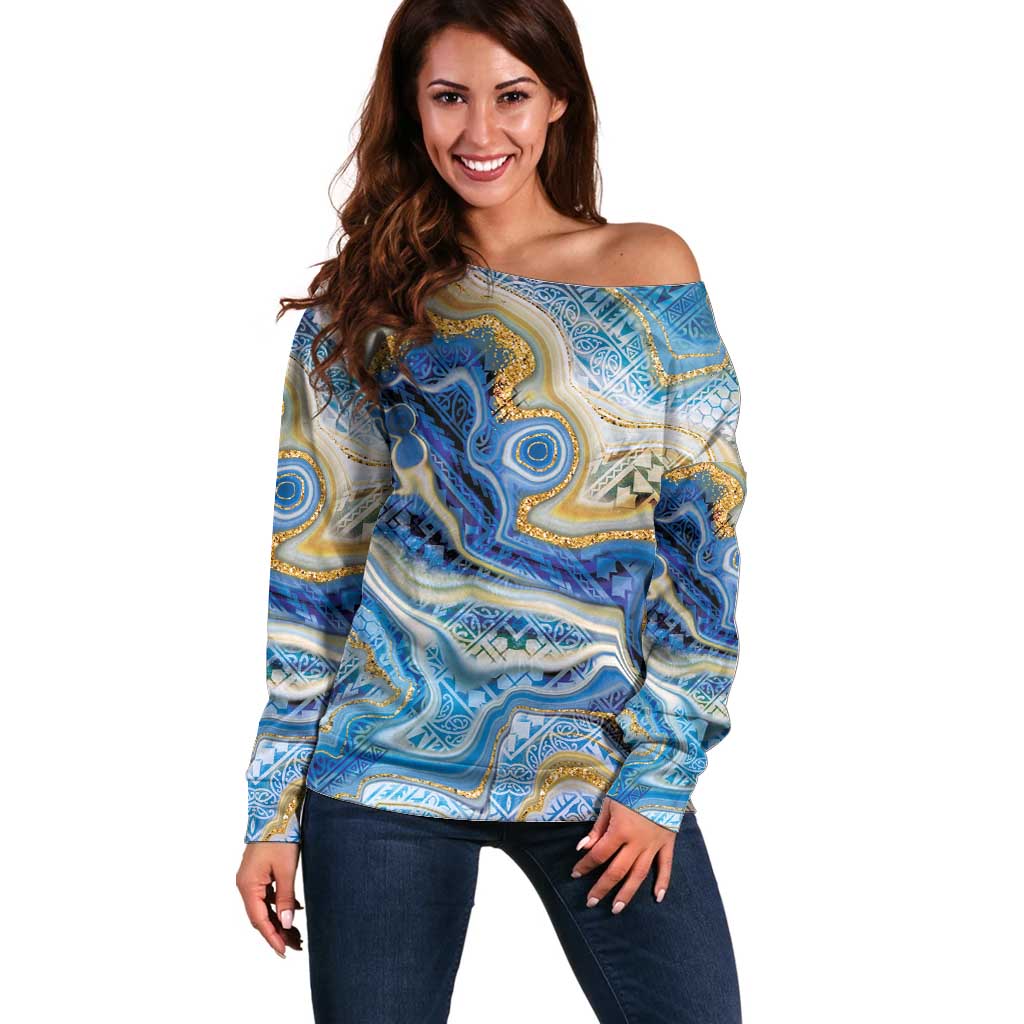Polynesian Tribal Tattoo Off Shoulder Sweater Swirling Ocean Marble Pattern LT9 Women Ocean - Polynesian Pride
