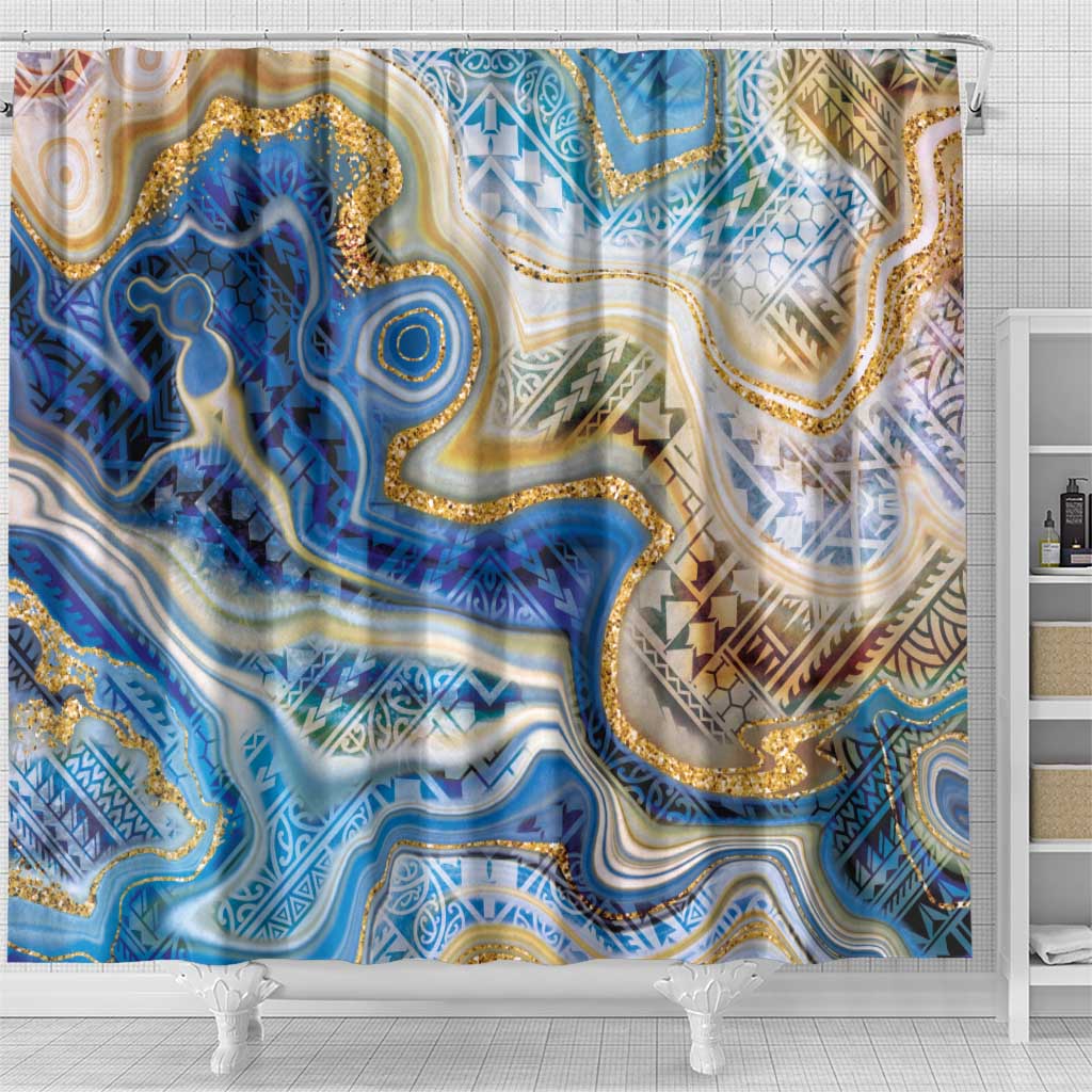 Polynesian Tribal Tattoo Shower Curtain Swirling Ocean Marble Pattern