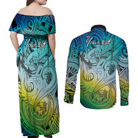 Personalised Aloha King Kamehameha Spirits Couples Matching Off Shoulder Maxi Dress and Long Sleeve Button Shirt Art Special LT9 - Polynesian Pride