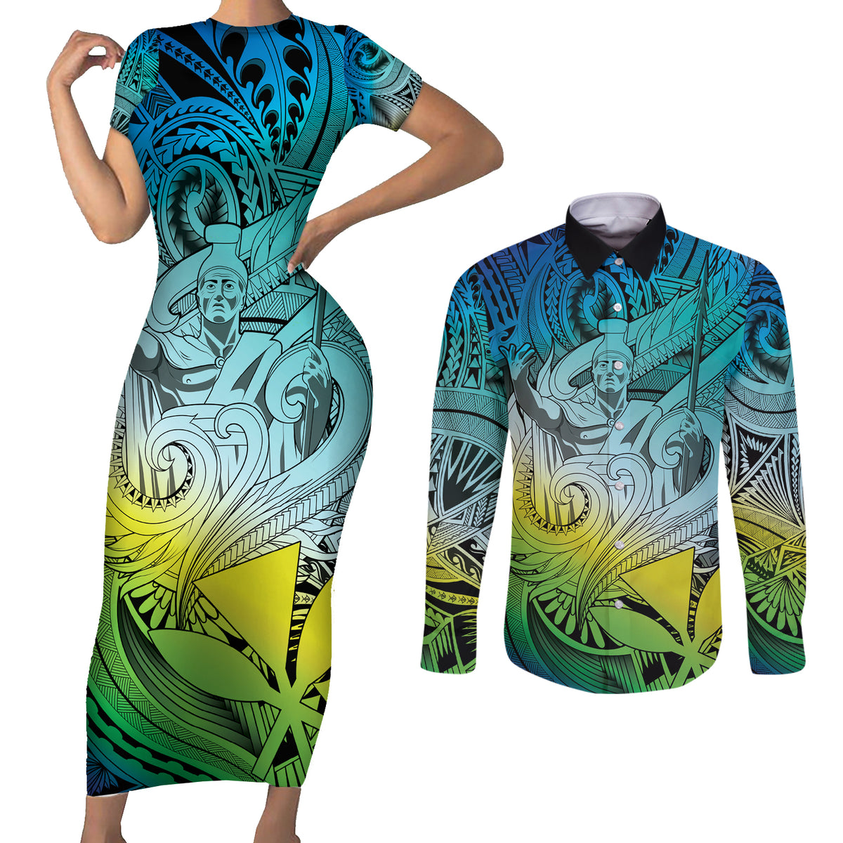 Personalised Aloha King Kamehameha Spirits Couples Matching Short Sleeve Bodycon Dress and Long Sleeve Button Shirt Art Special LT9 Art - Polynesian Pride