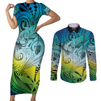 Personalised Aloha King Kamehameha Spirits Couples Matching Short Sleeve Bodycon Dress and Long Sleeve Button Shirt Art Special LT9 Art - Polynesian Pride