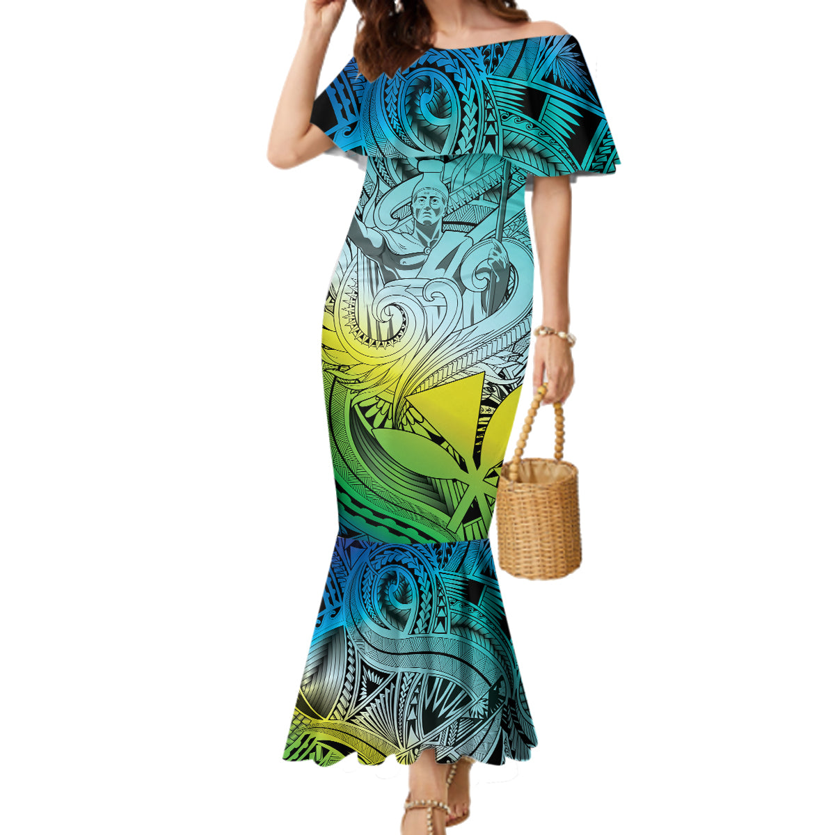 Personalised Aloha King Kamehameha Spirits Family Matching Mermaid Dress and Hawaiian Shirt Art Special LT9 Mom's Dress Art - Polynesian Pride