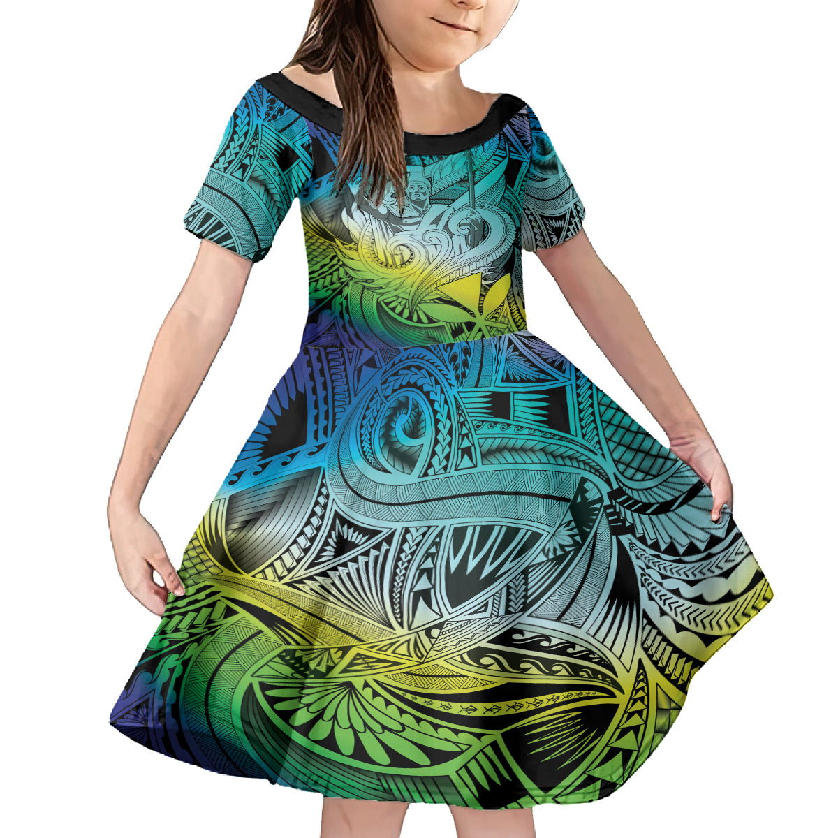 Personalised Aloha King Kamehameha Spirits Family Matching Off Shoulder Long Sleeve Dress and Hawaiian Shirt Art Special LT9 Daughter's Dress Art - Polynesian Pride