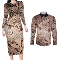 Personalised Aloha King Kamehameha Spirits Couples Matching Long Sleeve Bodycon Dress and Long Sleeve Button Shirt Beige Special LT9 Beige - Polynesian Pride