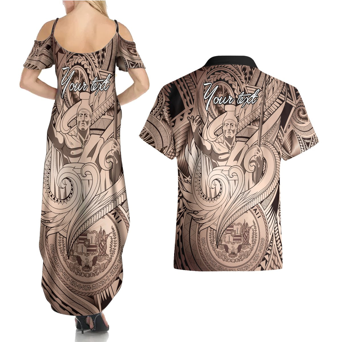 Personalised Aloha King Kamehameha Spirits Couples Matching Summer Maxi Dress and Hawaiian Shirt Beige Special LT9 - Polynesian Pride