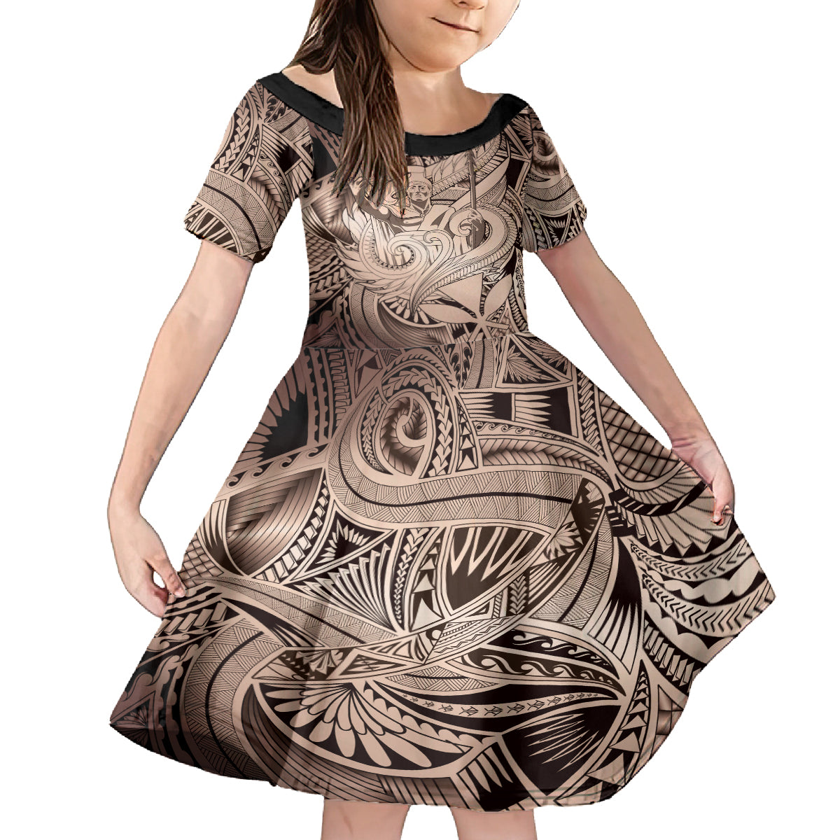 Personalised Aloha King Kamehameha Spirits Family Matching Off Shoulder Long Sleeve Dress and Hawaiian Shirt Beige Special LT9 Daughter's Dress Beige - Polynesian Pride