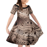 Personalised Aloha King Kamehameha Spirits Family Matching Off Shoulder Long Sleeve Dress and Hawaiian Shirt Beige Special LT9 Daughter's Dress Beige - Polynesian Pride