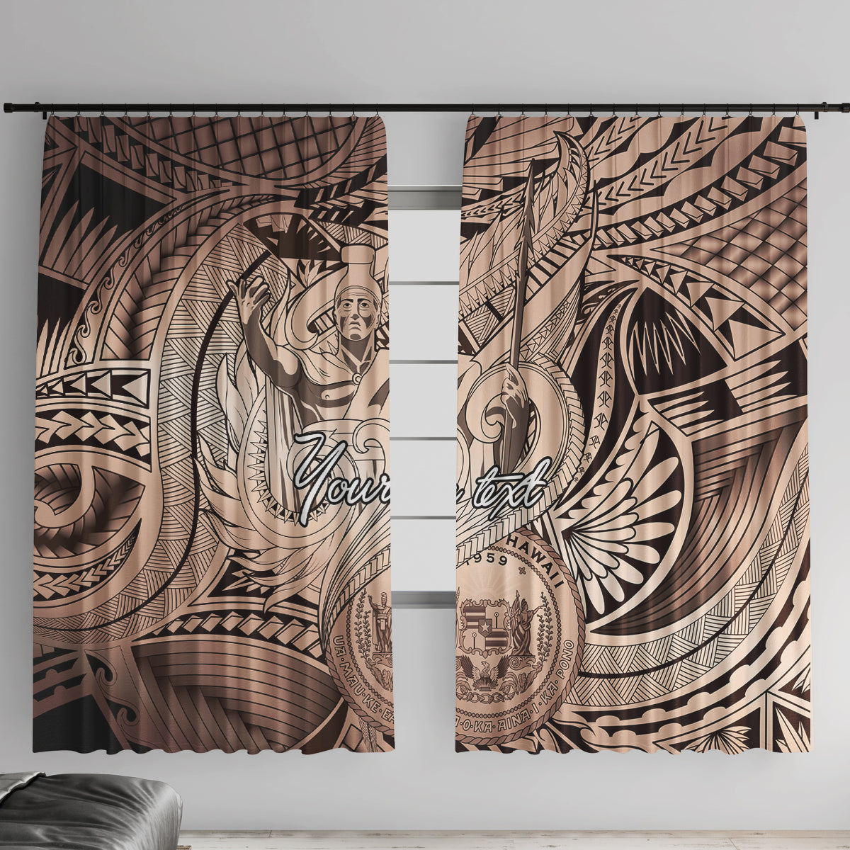 Personalised Aloha King Kamehameha Spirits Window Curtain Beige Special LT9 With Hooks Beige - Polynesian Pride