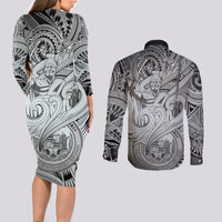Personalised Aloha King Kamehameha Spirits Couples Matching Long Sleeve Bodycon Dress and Long Sleeve Button Shirt Grey Special LT9 - Polynesian Pride