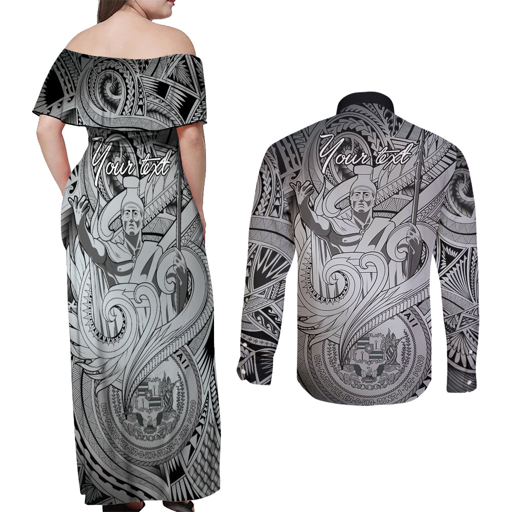 Personalised Aloha King Kamehameha Spirits Couples Matching Off Shoulder Maxi Dress and Long Sleeve Button Shirt Grey Special LT9 - Polynesian Pride