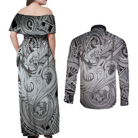 Personalised Aloha King Kamehameha Spirits Couples Matching Off Shoulder Maxi Dress and Long Sleeve Button Shirt Grey Special LT9 - Polynesian Pride