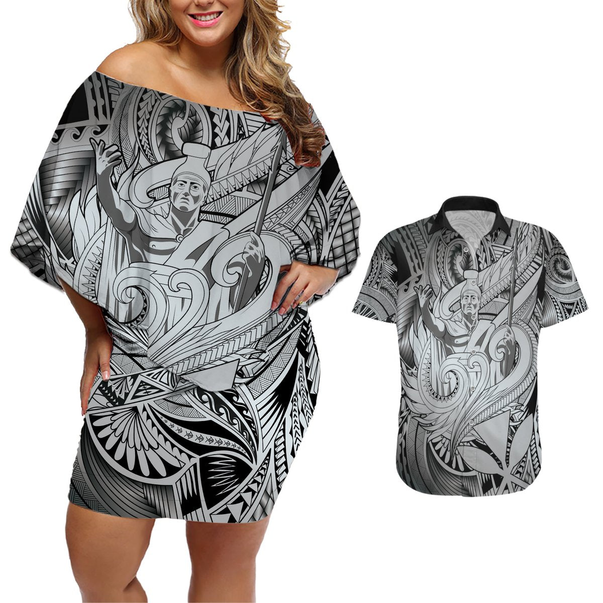 Personalised Aloha King Kamehameha Spirits Couples Matching Off Shoulder Short Dress and Hawaiian Shirt Grey Special LT9 Grey - Polynesian Pride
