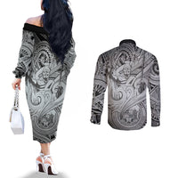 Personalised Aloha King Kamehameha Spirits Couples Matching Off The Shoulder Long Sleeve Dress and Long Sleeve Button Shirt Grey Special LT9 - Polynesian Pride