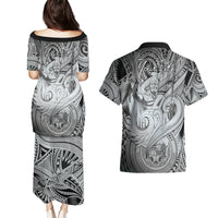 Personalised Aloha King Kamehameha Spirits Couples Matching Puletasi and Hawaiian Shirt Grey Special LT9 - Polynesian Pride