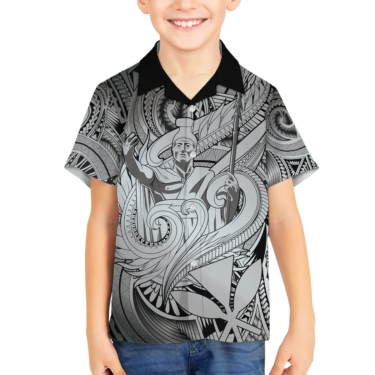 Personalised Aloha King Kamehameha Spirits Family Matching Off Shoulder Short Dress and Hawaiian Shirt Grey Special LT9 Son's Shirt Grey - Polynesian Pride