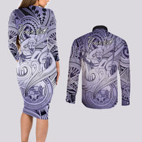 Personalised Aloha King Kamehameha Spirits Couples Matching Long Sleeve Bodycon Dress and Long Sleeve Button Shirt Violet Special LT9 - Polynesian Pride