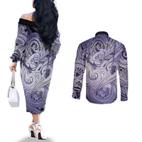 Personalised Aloha King Kamehameha Spirits Couples Matching Off The Shoulder Long Sleeve Dress and Long Sleeve Button Shirt Violet Special LT9 - Polynesian Pride