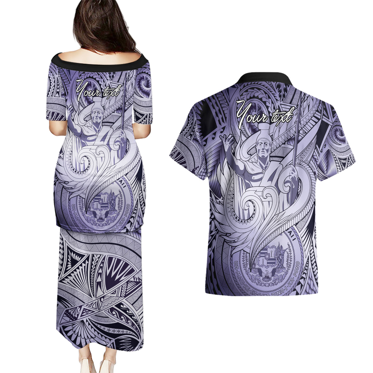 Personalised Aloha King Kamehameha Spirits Couples Matching Puletasi and Hawaiian Shirt Violet Special LT9 - Polynesian Pride