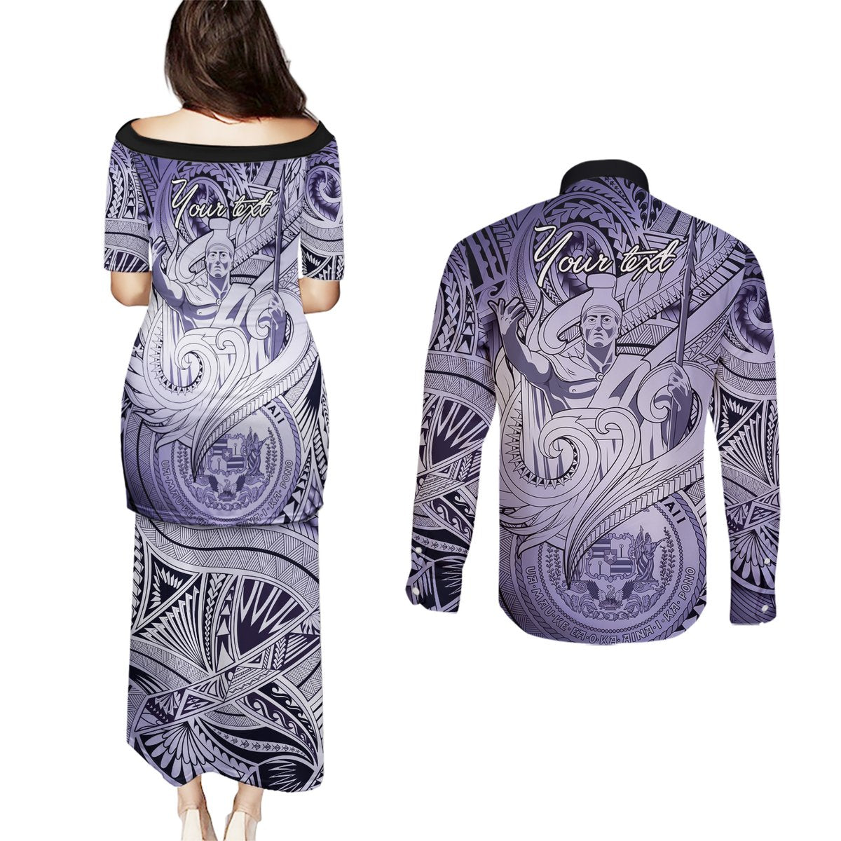Personalised Aloha King Kamehameha Spirits Couples Matching Puletasi and Long Sleeve Button Shirt Violet Special LT9 - Polynesian Pride