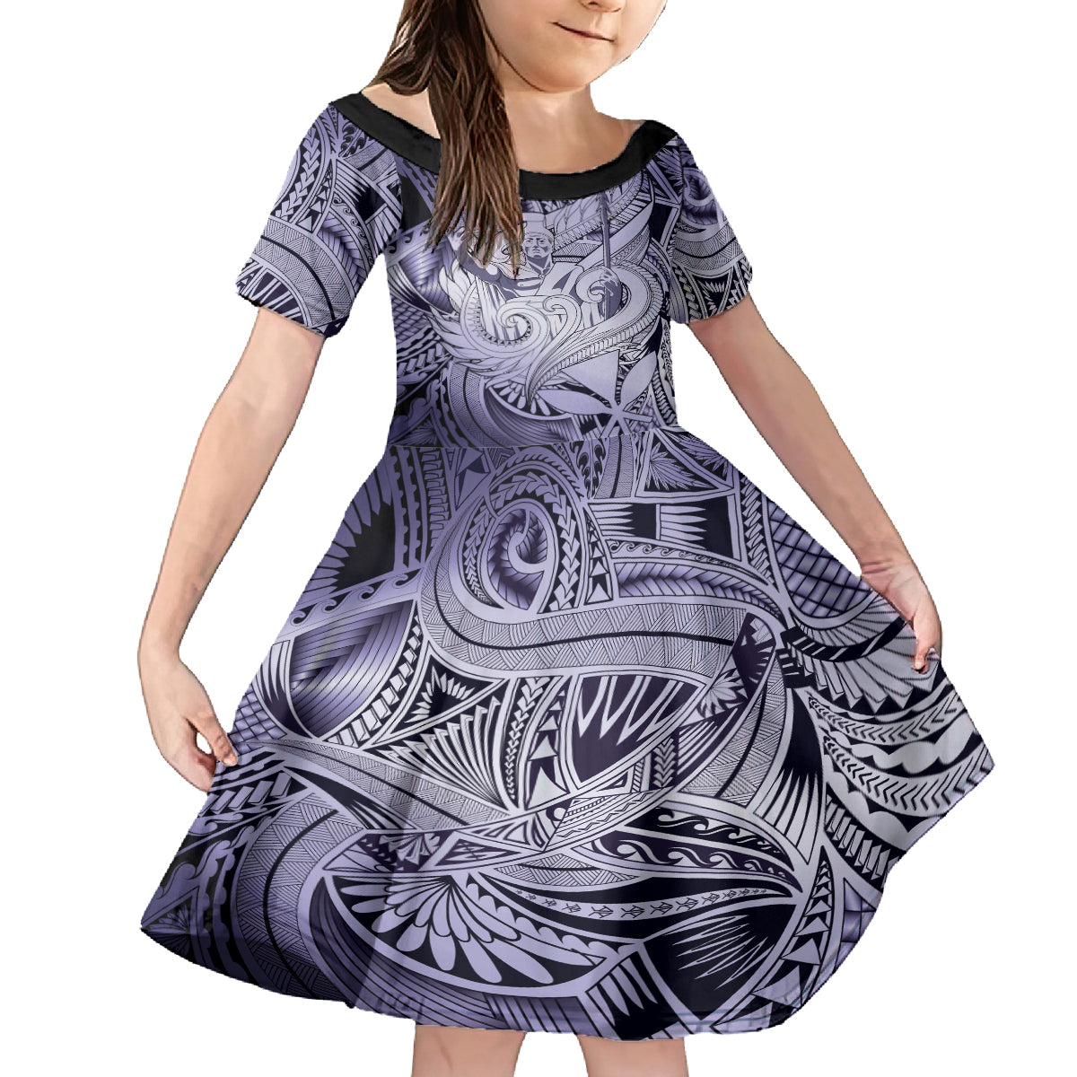 Personalised Aloha King Kamehameha Spirits Family Matching Long Sleeve Bodycon Dress and Hawaiian Shirt Violet Special LT9 Daughter's Dress Violet - Polynesian Pride